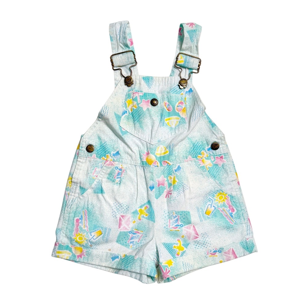 Vintage 90s Hush Puppies Bibs Overalls Shorts 2T Teal Pink Beach Print Cotton